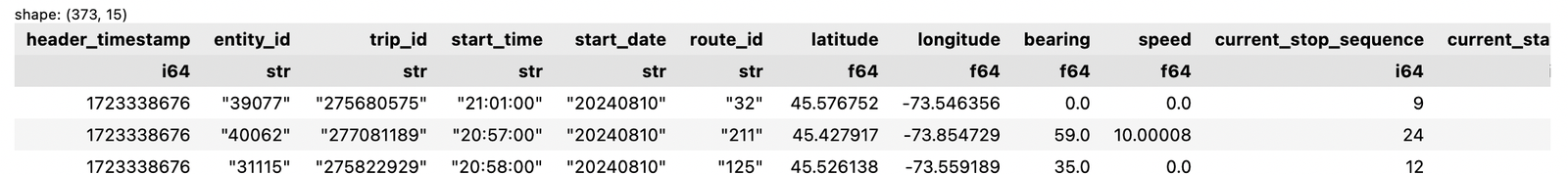 View of transit data in dataframe