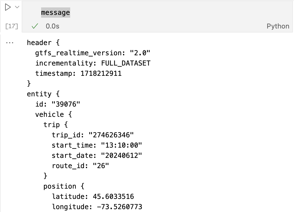 View of transit data in notebook